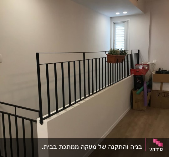מעקה מתכת שחור עם עציץ תלוי על הקיר